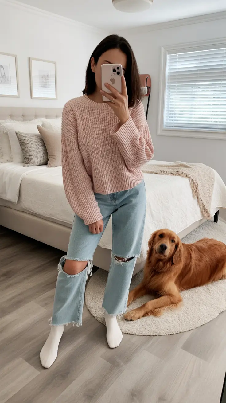Essential spring mom outfits 2026 Soft Knit Mornings with Relaxed Denim