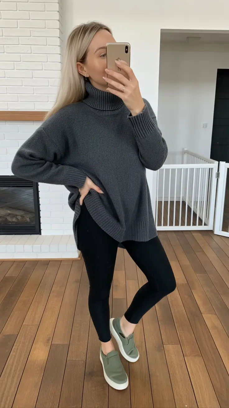 Essential spring mom outfits 2026 Cozy Knit and Leggings for Cold Spring Mornings