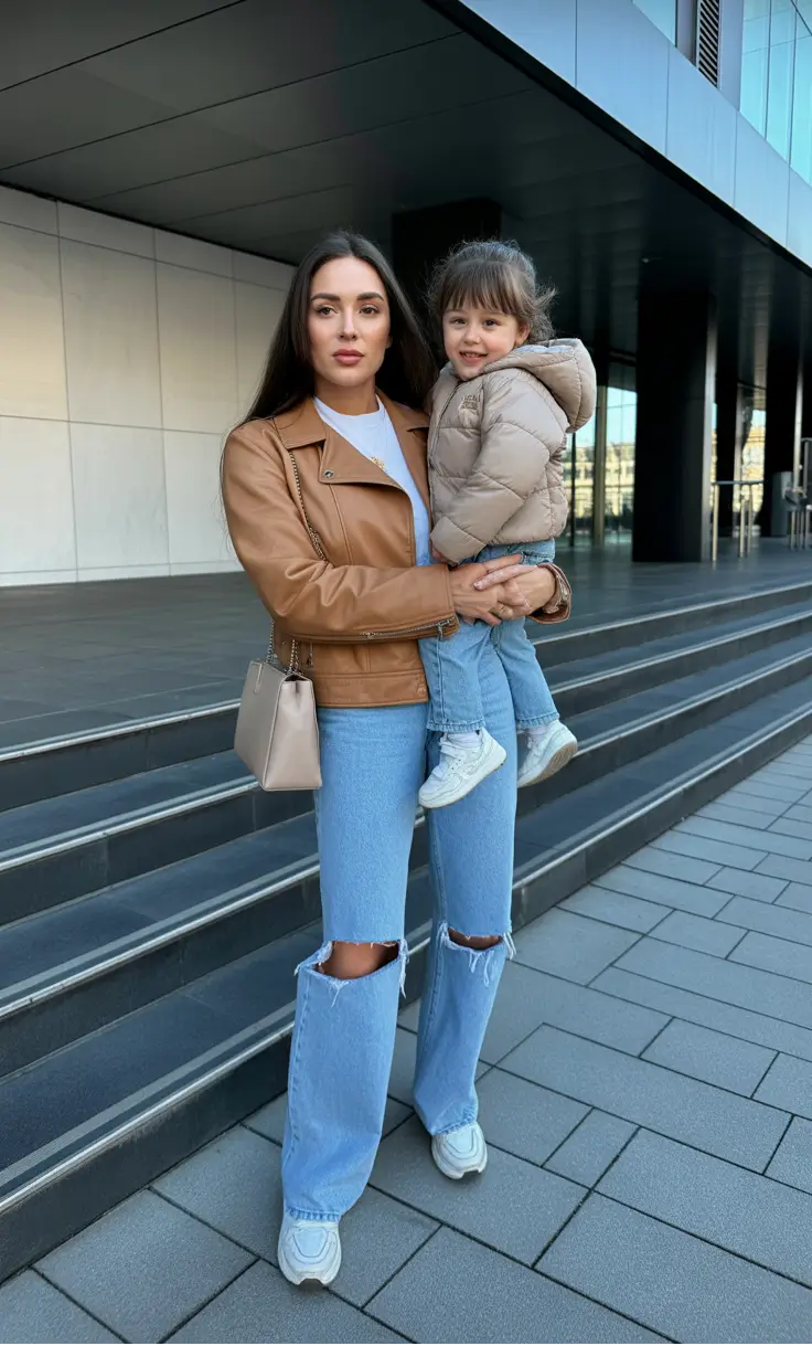 Essential spring mom outfits 2026 Leather Layers with Denim for Urban Spring Days