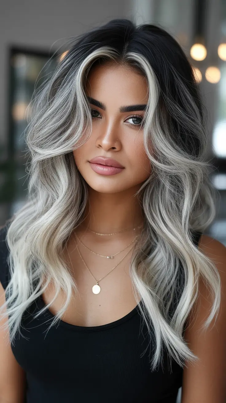 February Hair Color Ideas 2026 Smoky Dark Roots with Silver Blonde Lengths