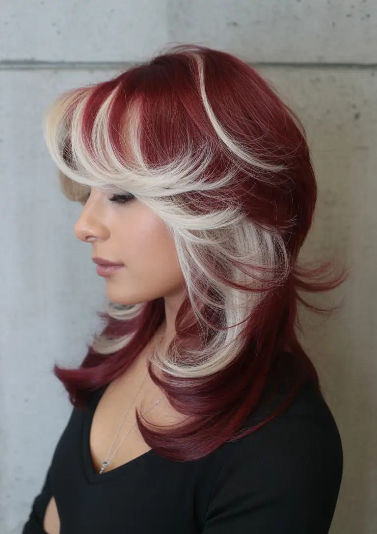 February Hair Color Ideas 2026 Velvet Red with Platinum Curtain Layers