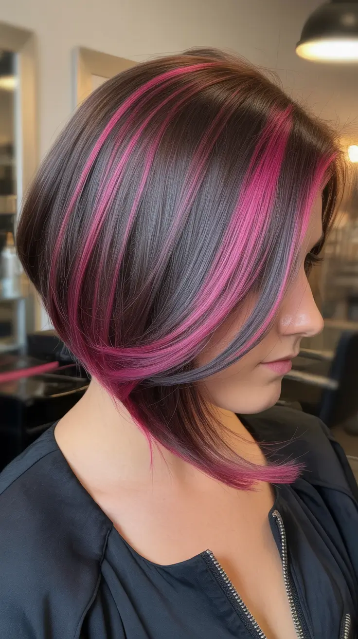 February Hair Color Ideas 2026 Graphite Brunette with Magenta Highlights