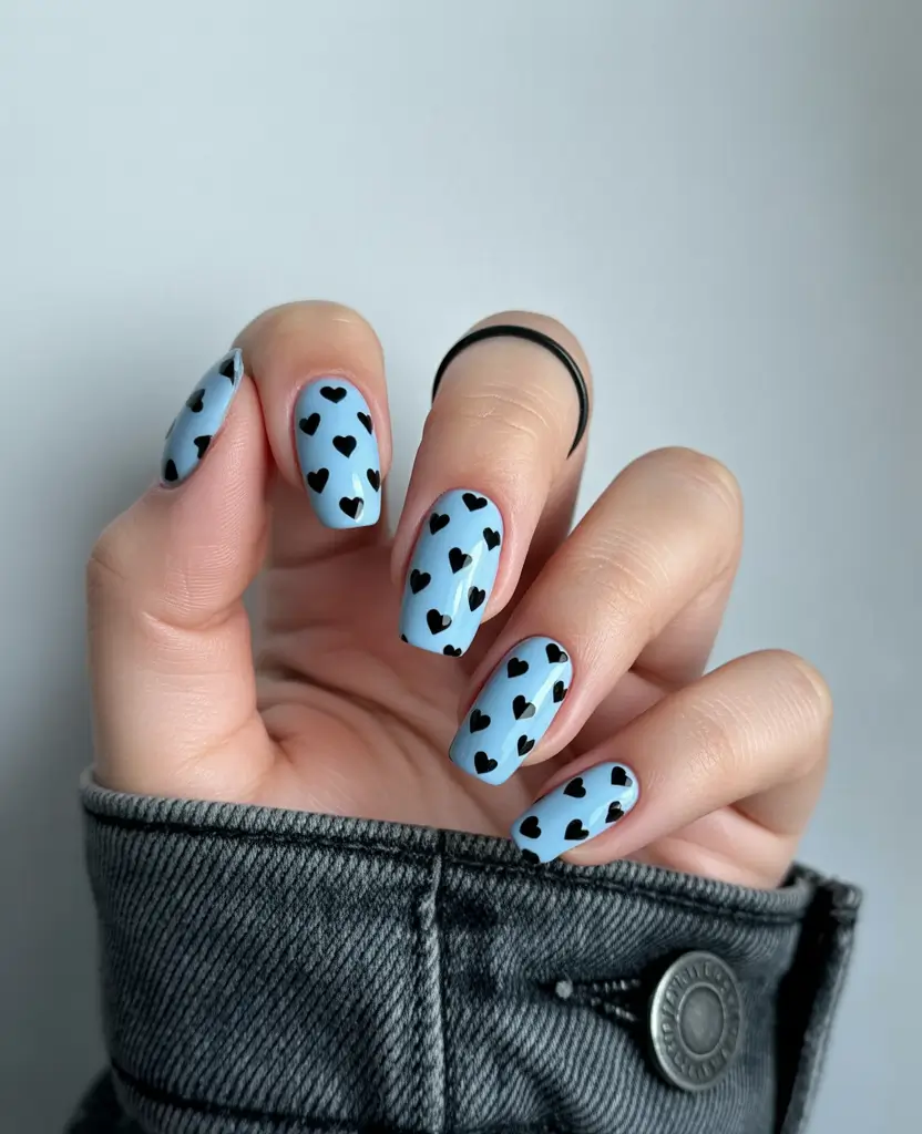February nails designs ideas 2026 Blue hearts nails