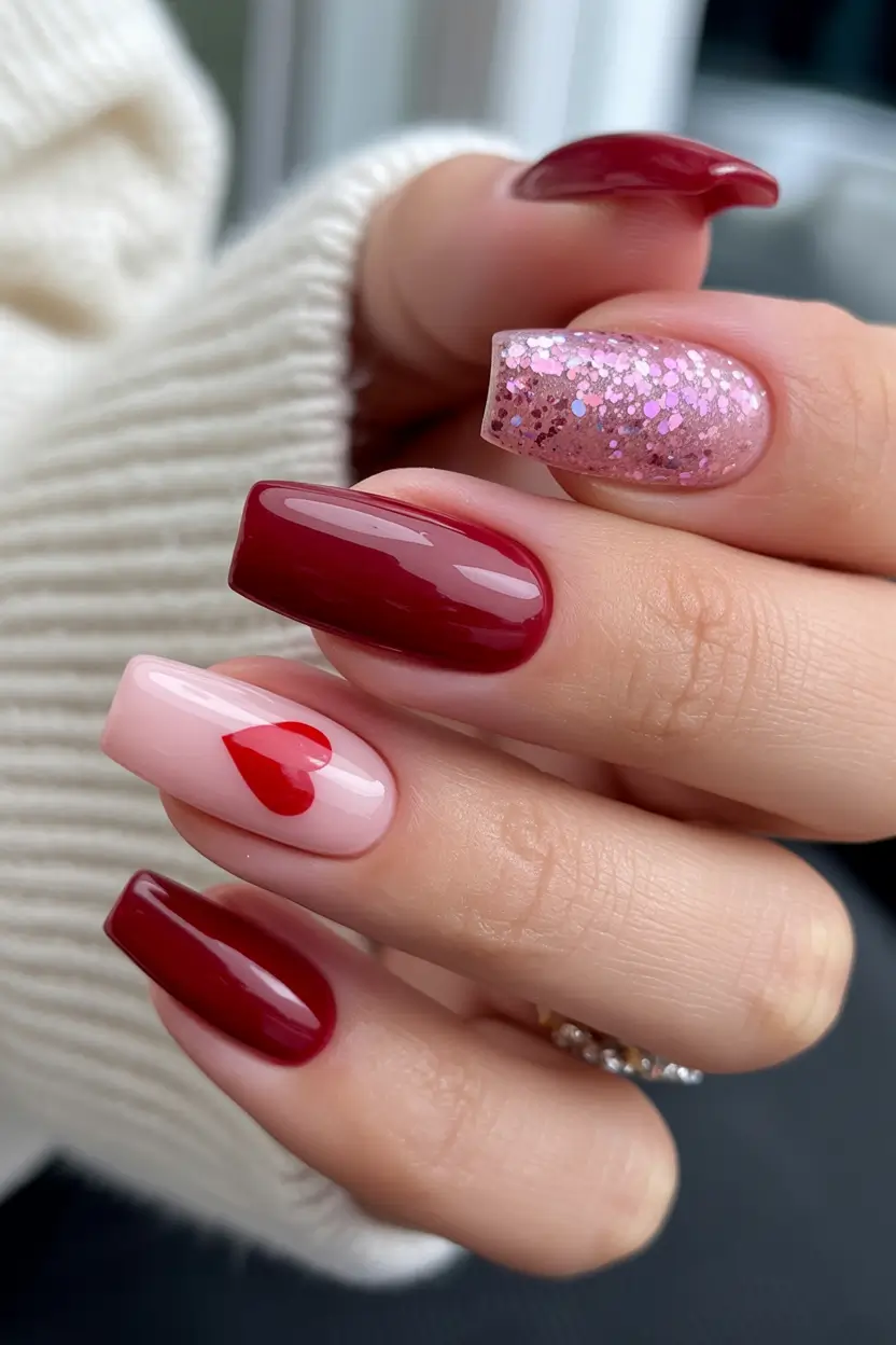 February nails designs ideas 2026 Red glitter hearts