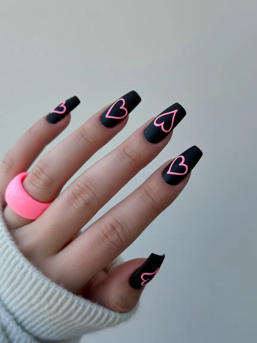 February nails designs ideas 2026 Black pink heart nails