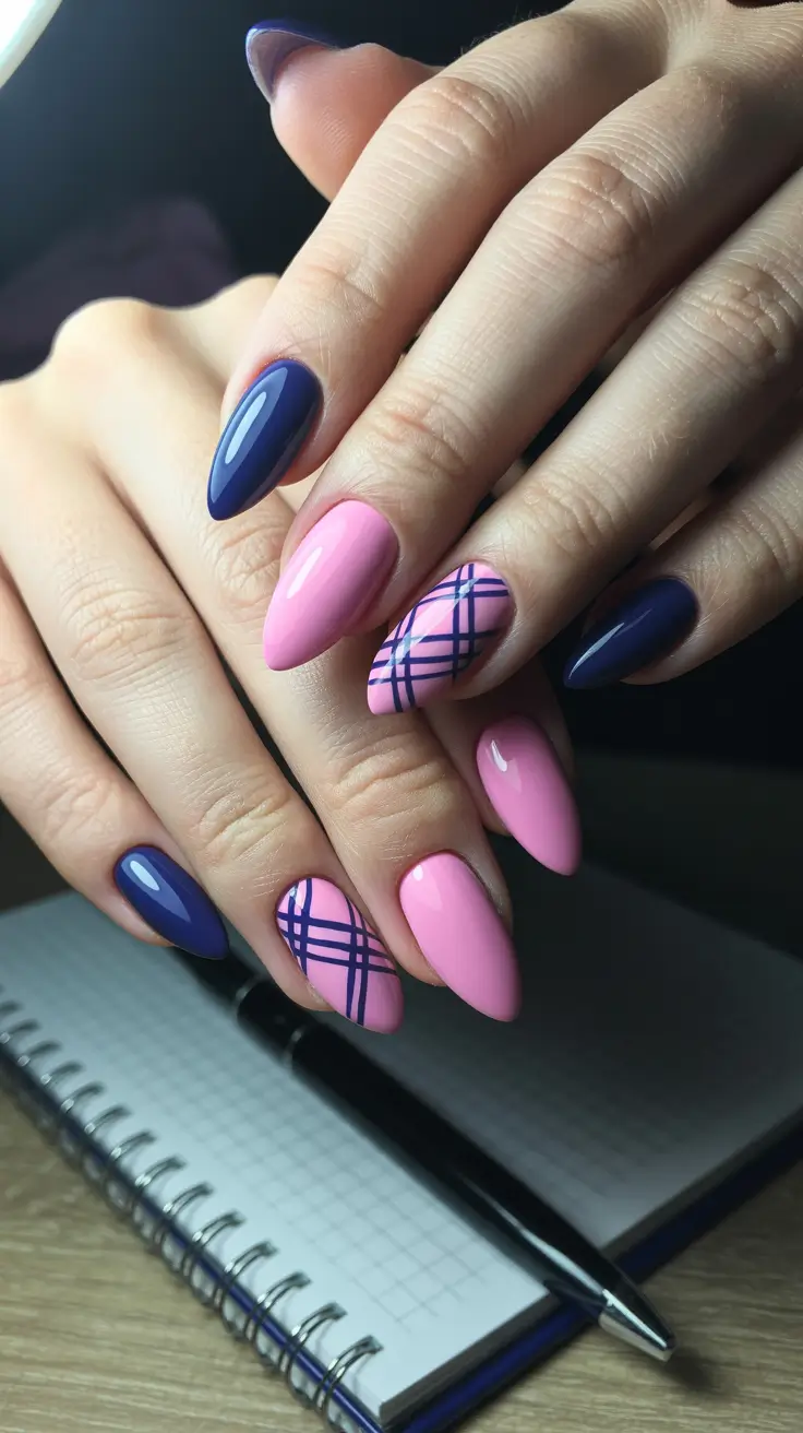 February nails designs ideas 2026 Pink plaid nails