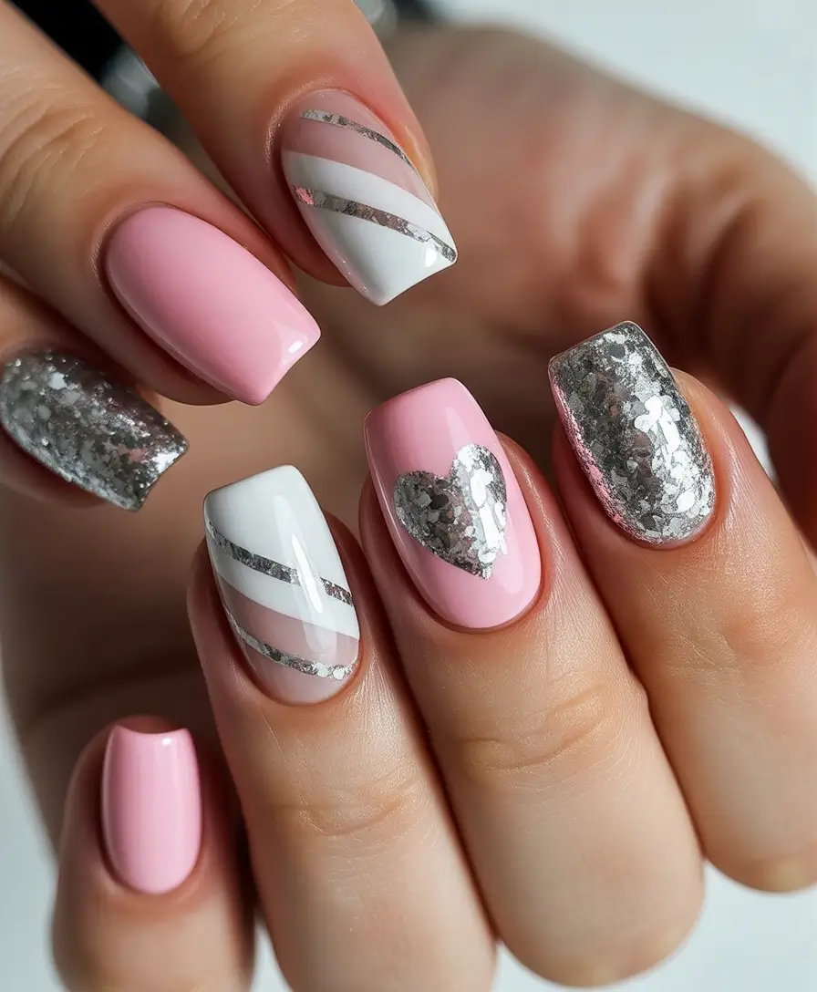 February nails designs ideas 2026 Oval pink silver hearts