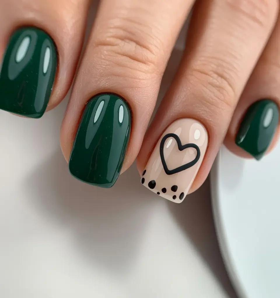 February nails designs ideas 2026 Short green heart nails