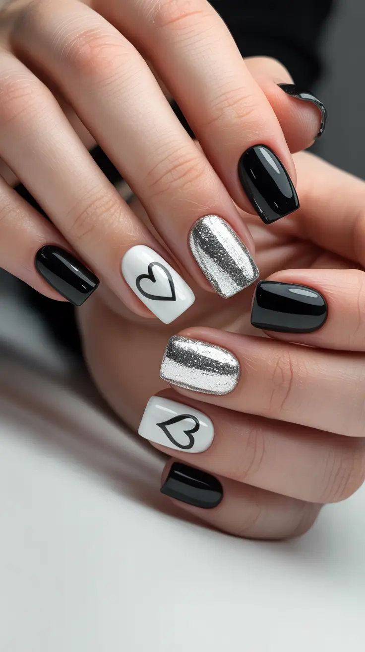 February nails designs ideas 2026 Black white silver hearts