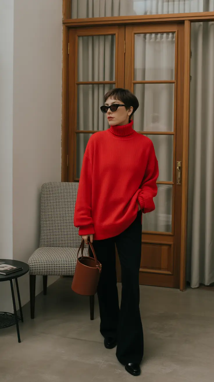February outfits ideas 2026 Bold Red Knitwear With Tailored Black Pants