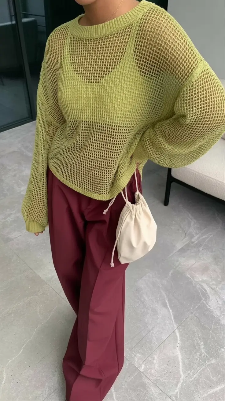February outfits ideas 2026 Mesh Knits and Burgundy Tones for Modern Casual Days