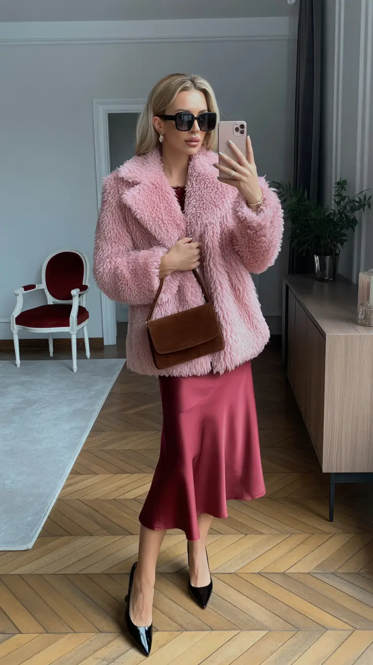 February outfits ideas 2026 Pink Textures Paired With a Satin Skirt