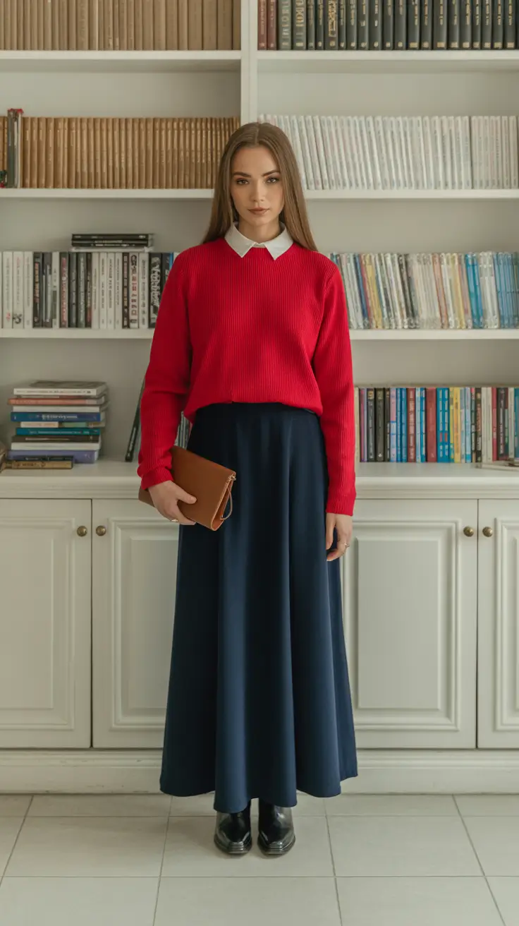 February outfits ideas 2026 Classic Red Knit With a Flowing Maxi Skirt