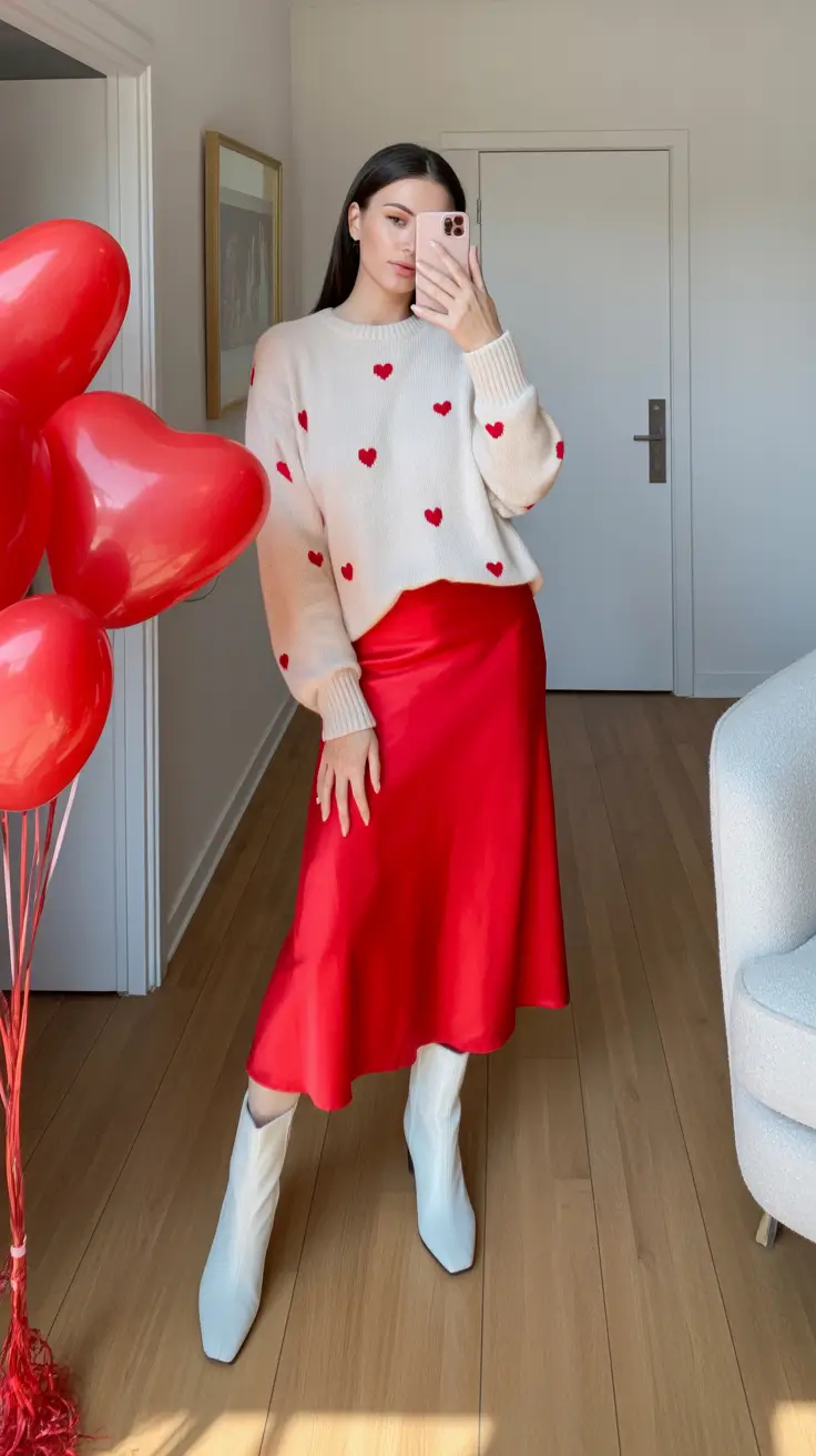 February outfits ideas 2026 Romantic Knits and Satin Skirt