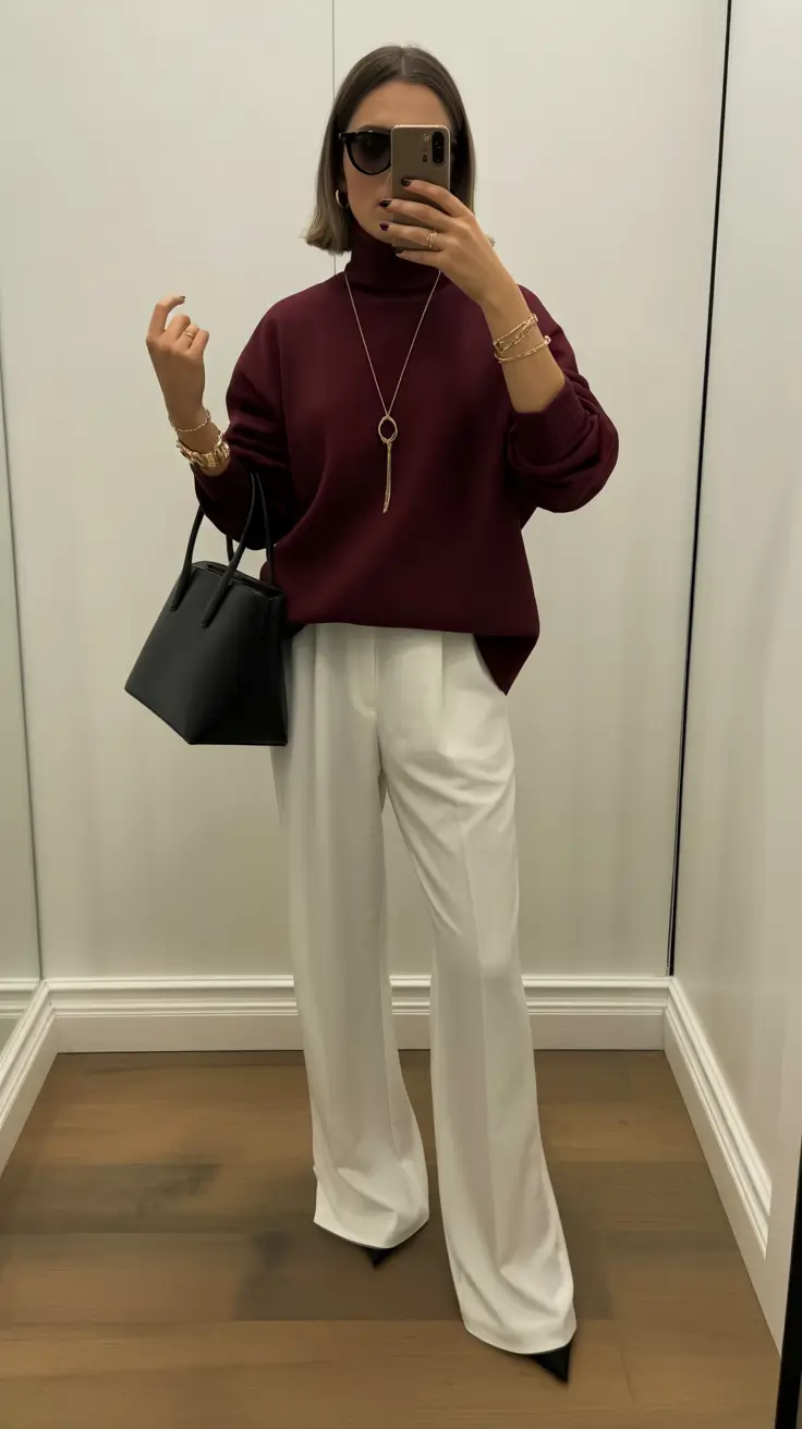 February outfits ideas 2026 Burgundy Layers With White Pants