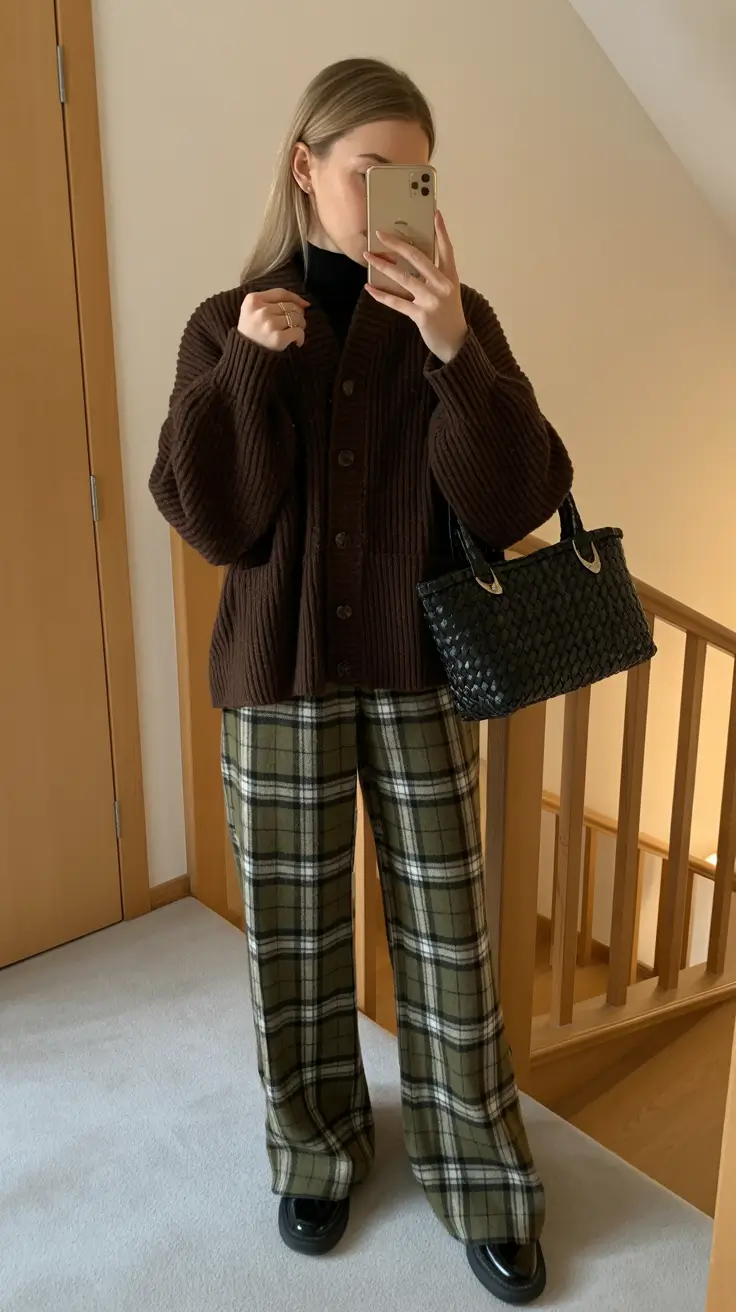 February outfits ideas 2026 Cozy Cardigans and Plaid Trousers