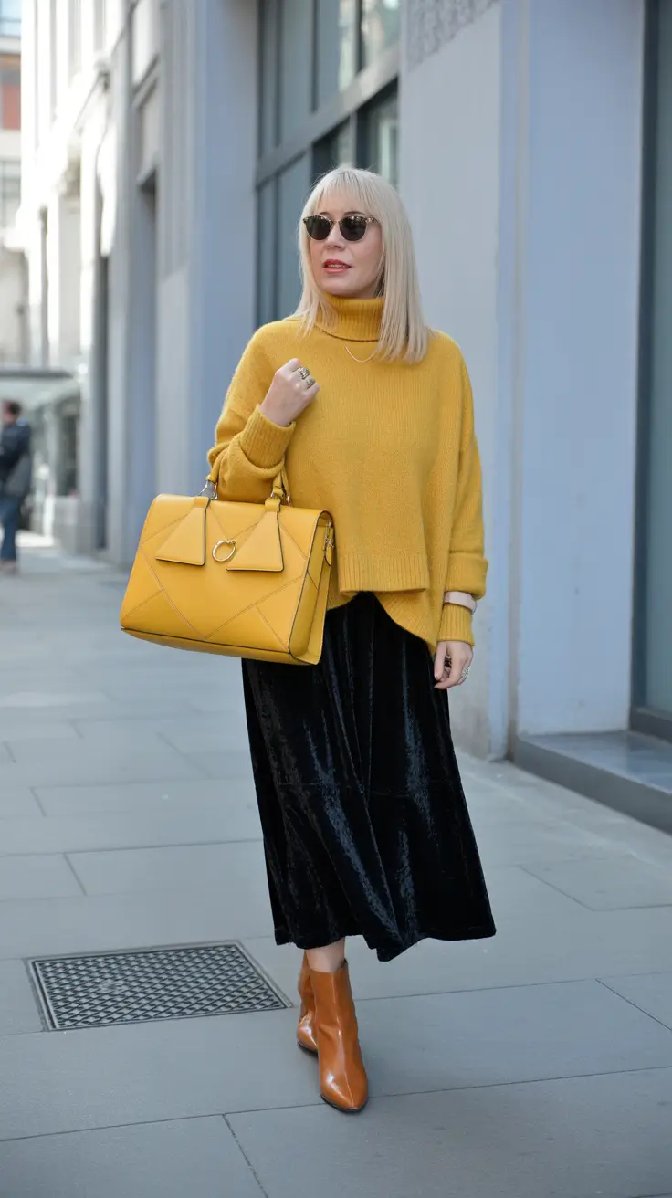 Popular spring dressing over 50 2026 Mustard and Black Outfit