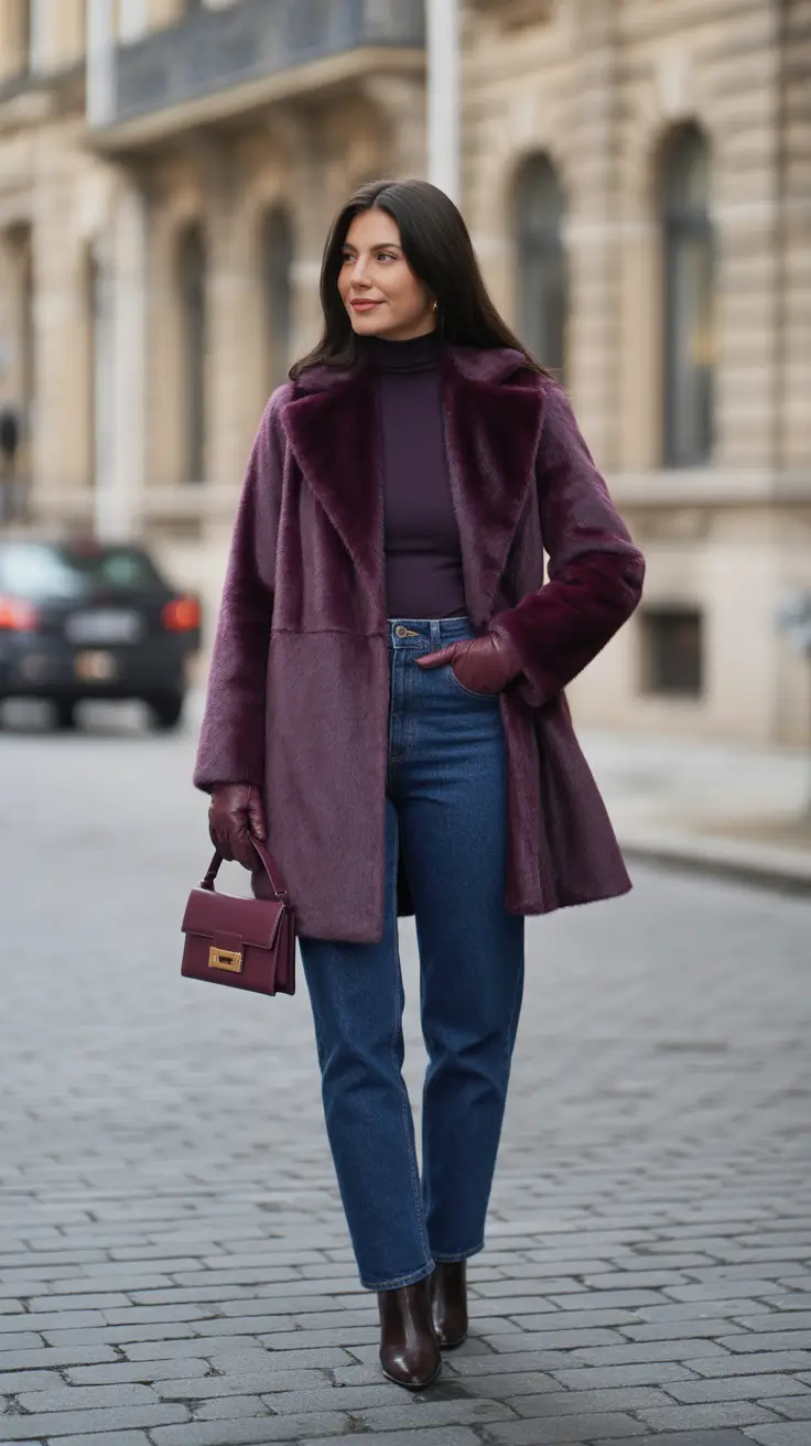 women winter to spring outfits Plum Tones and Denim for Everyday Elegance