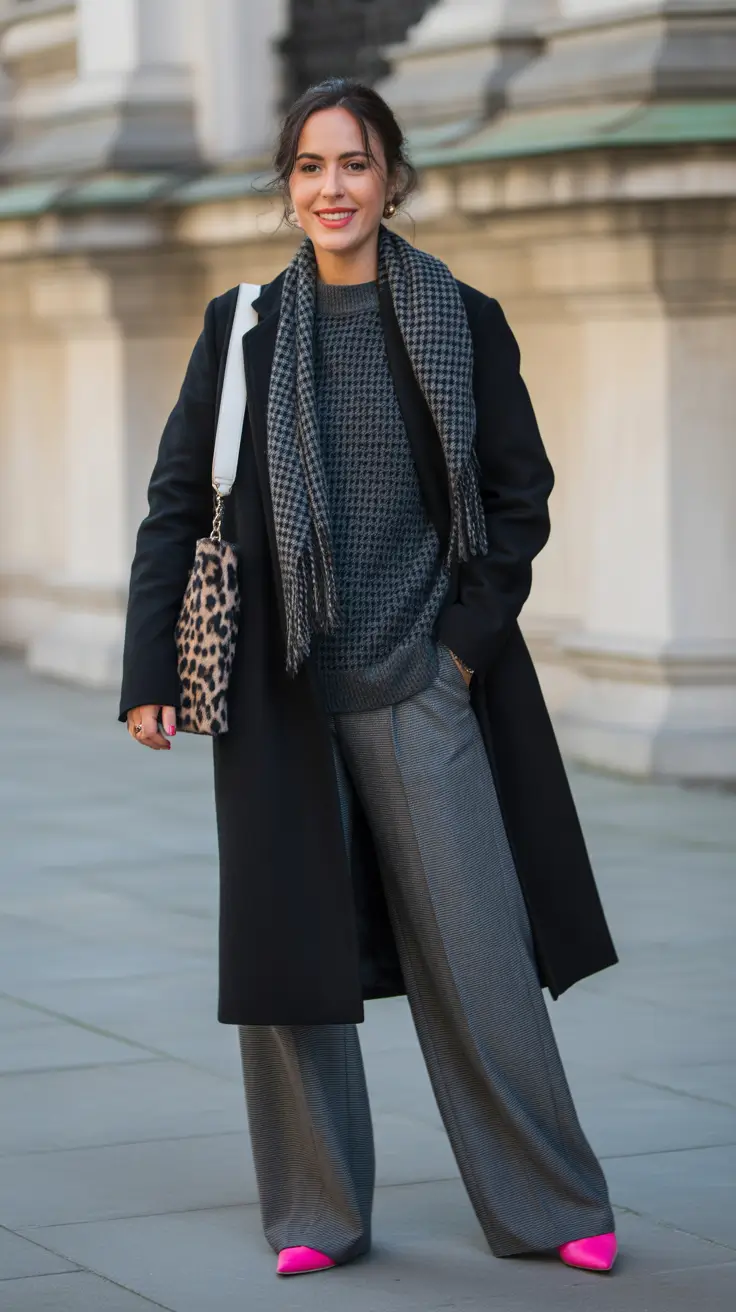 winter to spring outfits aesthetic Sharp Black Layers with Unexpected Color Pops