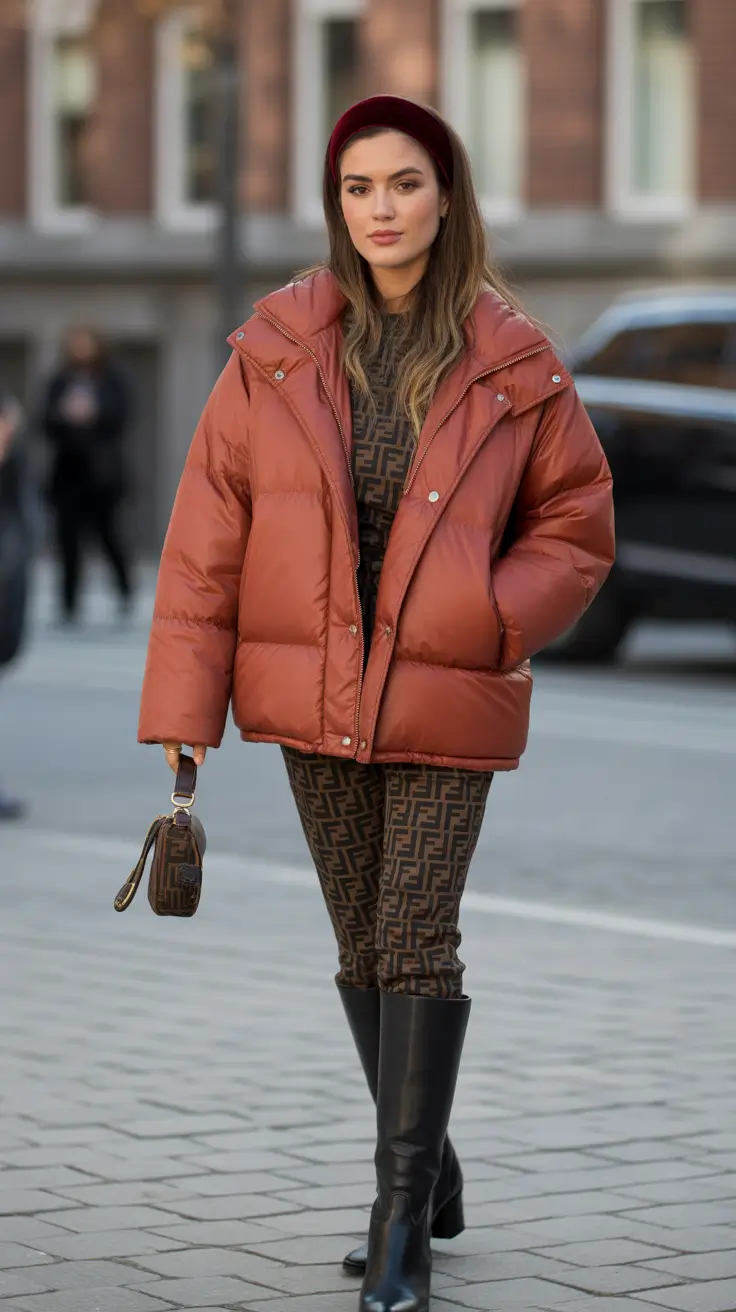 women winter to spring outfits Statement Puffer Meets Polished Femininity