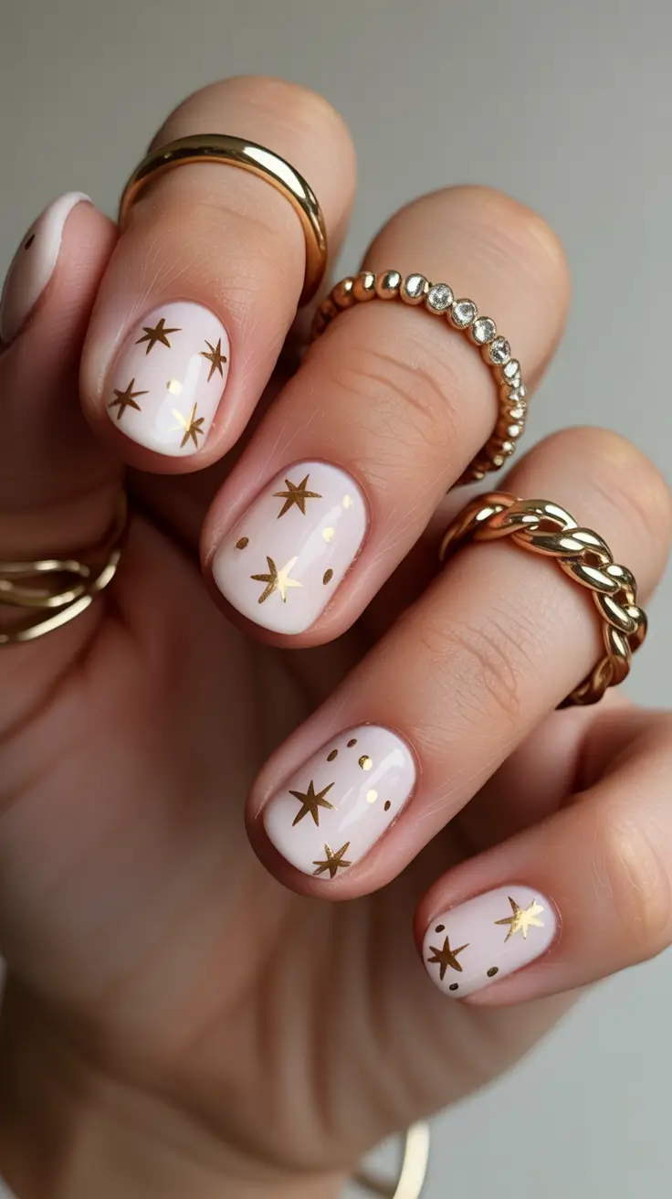 simple nails inspiration 2026 Soft Neutral Nails with Gold Star Accents