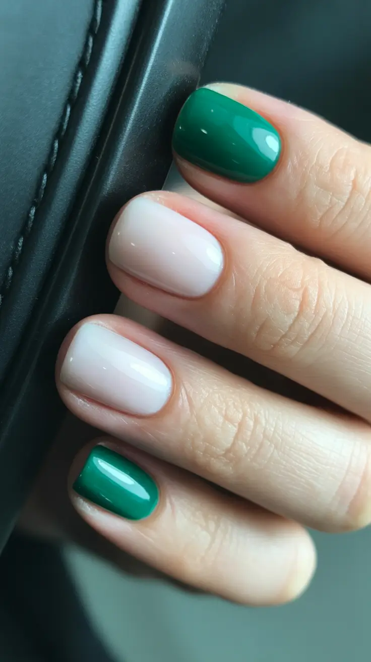 simple nails inspiration 2026 Green and White Short Nails