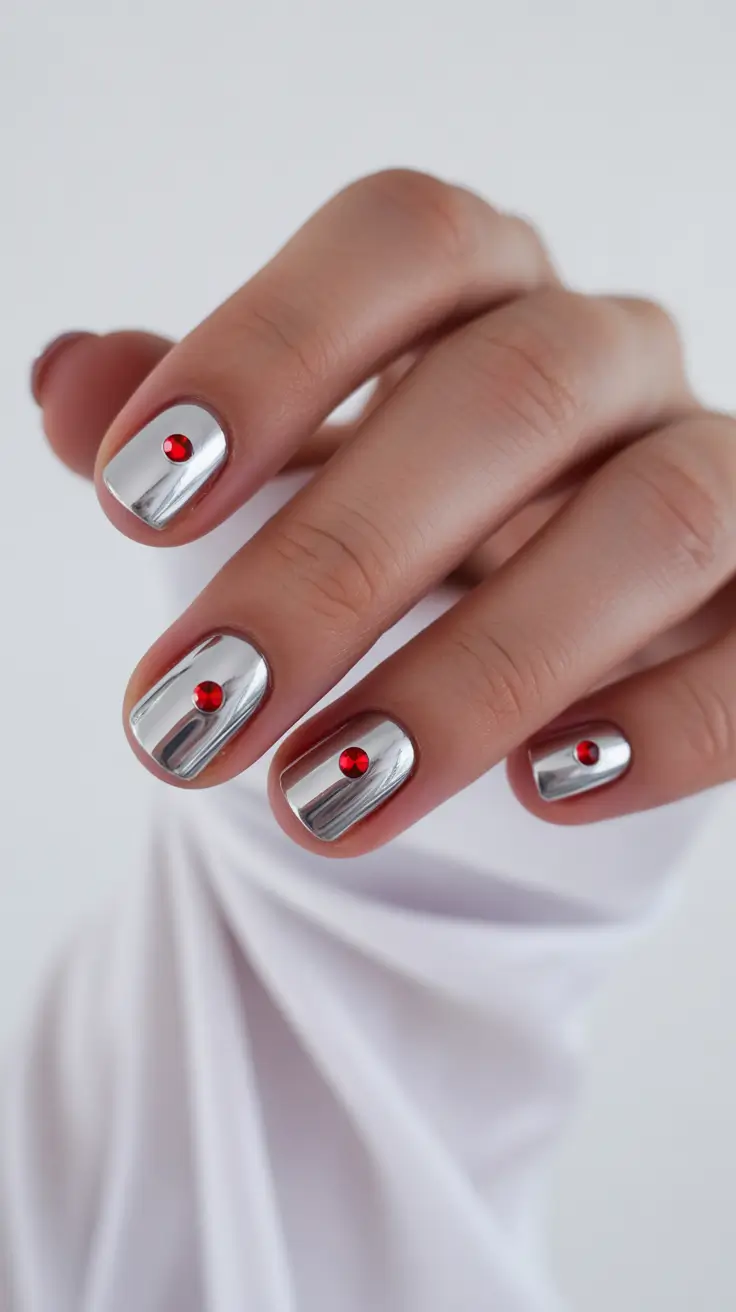 simple nails inspiration 2026 Silver Chrome Nails with Red Crystals
