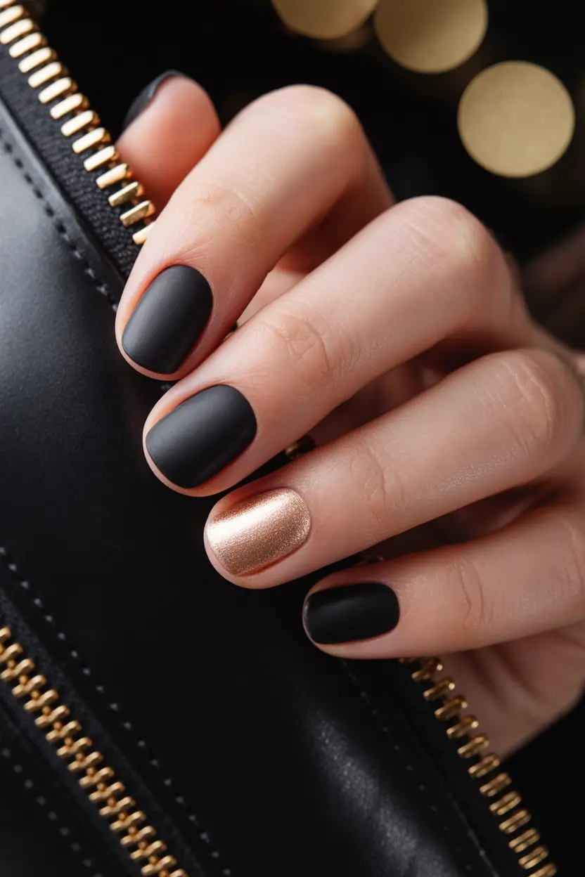 simple nails inspiration 2026 Matte Black and Gold Nails