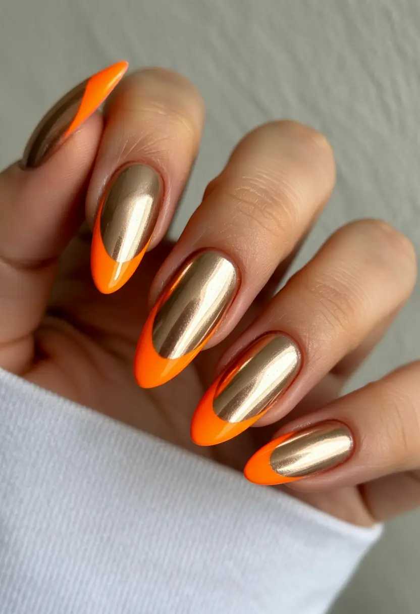 simple nails inspiration 2026 Gold Chrome Almond with Orange Tips