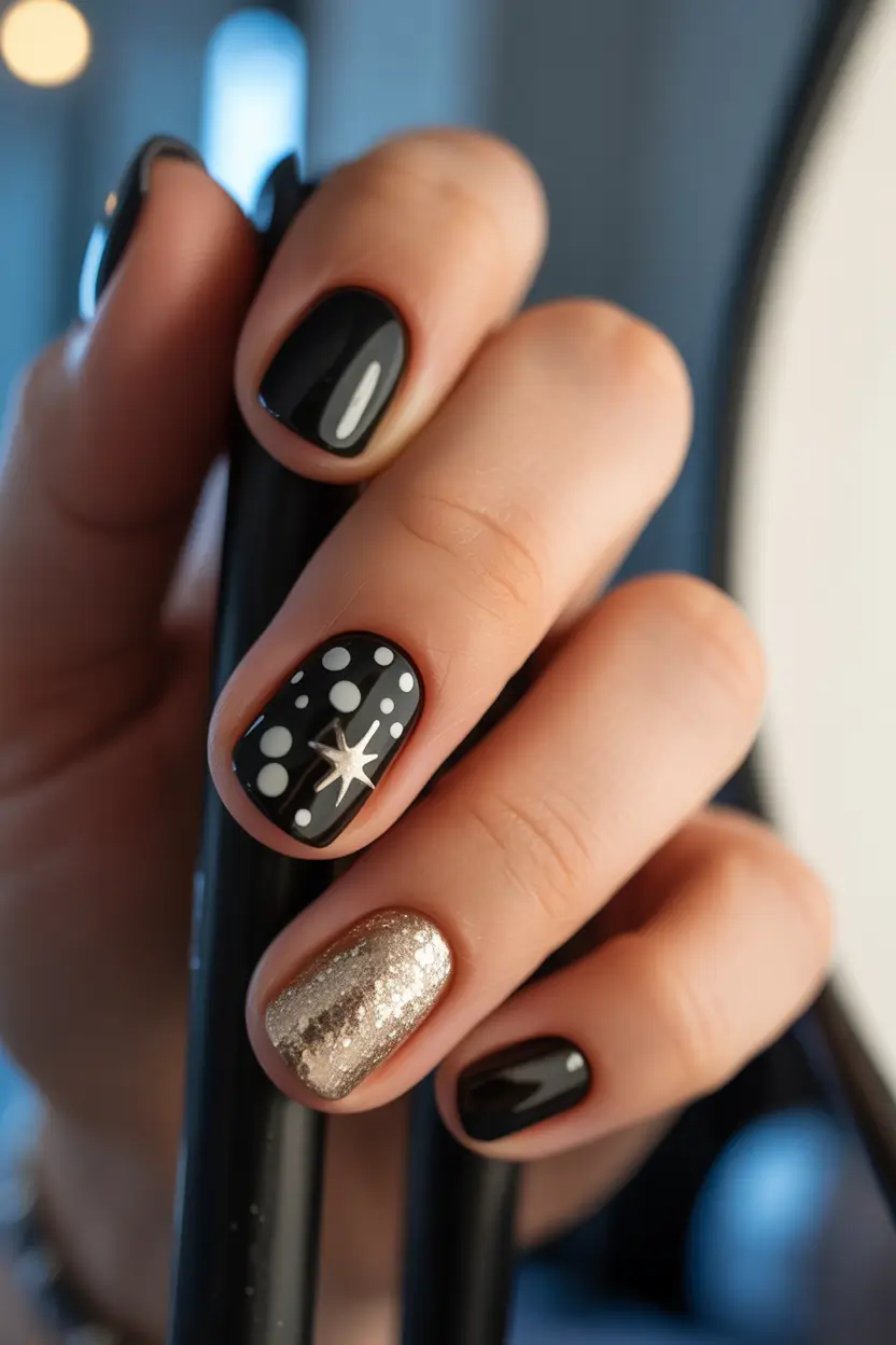 simple nails inspiration 2026 Black Nails with White Dots and Silver Accent