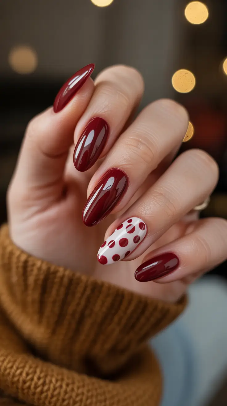 simple nails inspiration 2026 Burgundy Almond Nails with Dots