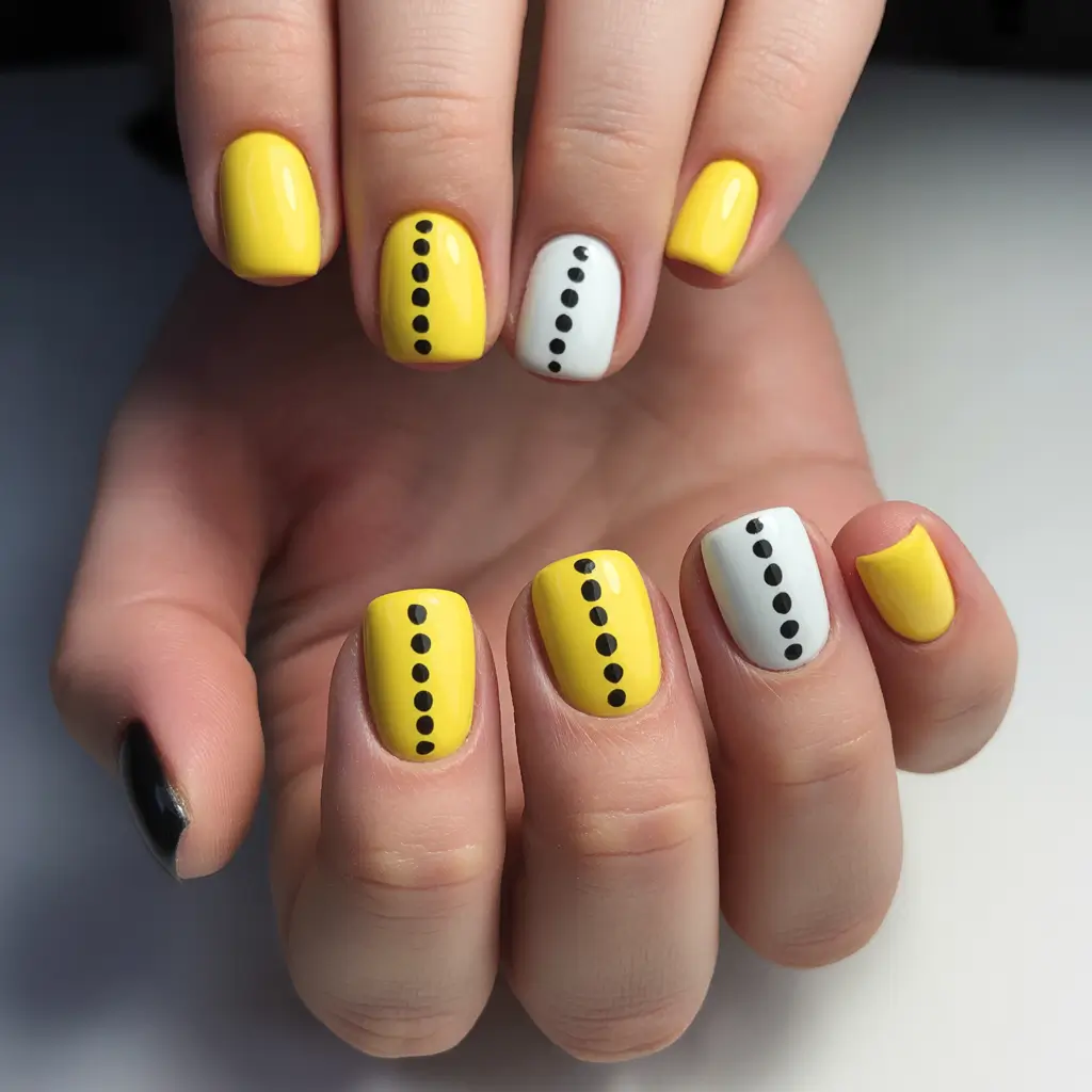 simple nails inspiration 2026 Yellow and White Graphic Short Nails