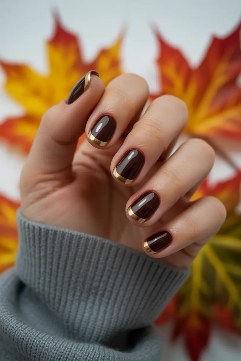 simple nails inspiration 2026 Dark Brown Nails with Gold Trim
