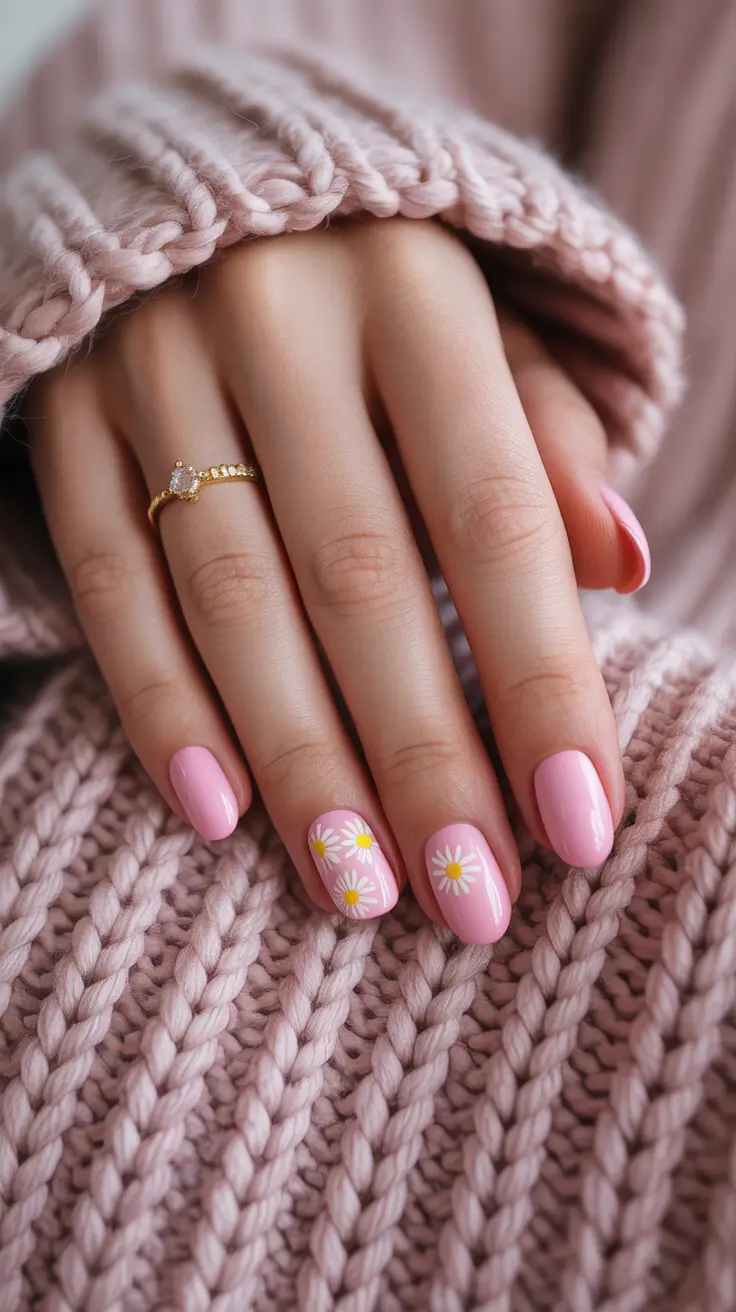 simple nails inspiration 2026 Pink Daisy Nails