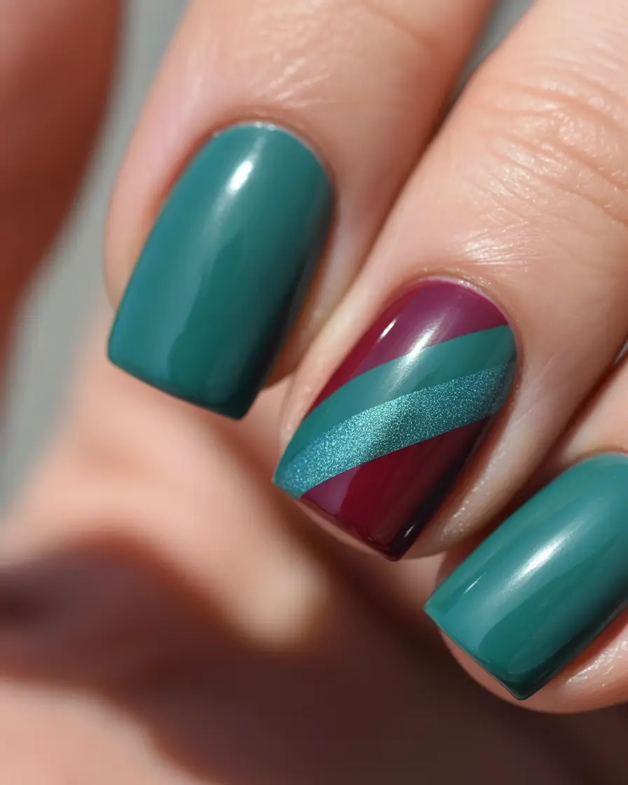 simple nails inspiration 2026 Teal and Burgundy Color Block Nails