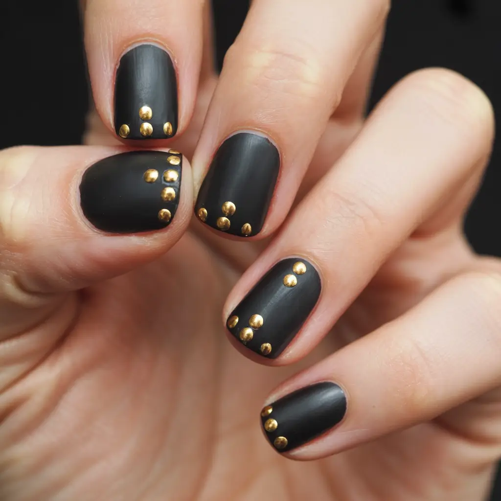 simple nails inspiration 2026 Matte Black Nails with Gold Studs