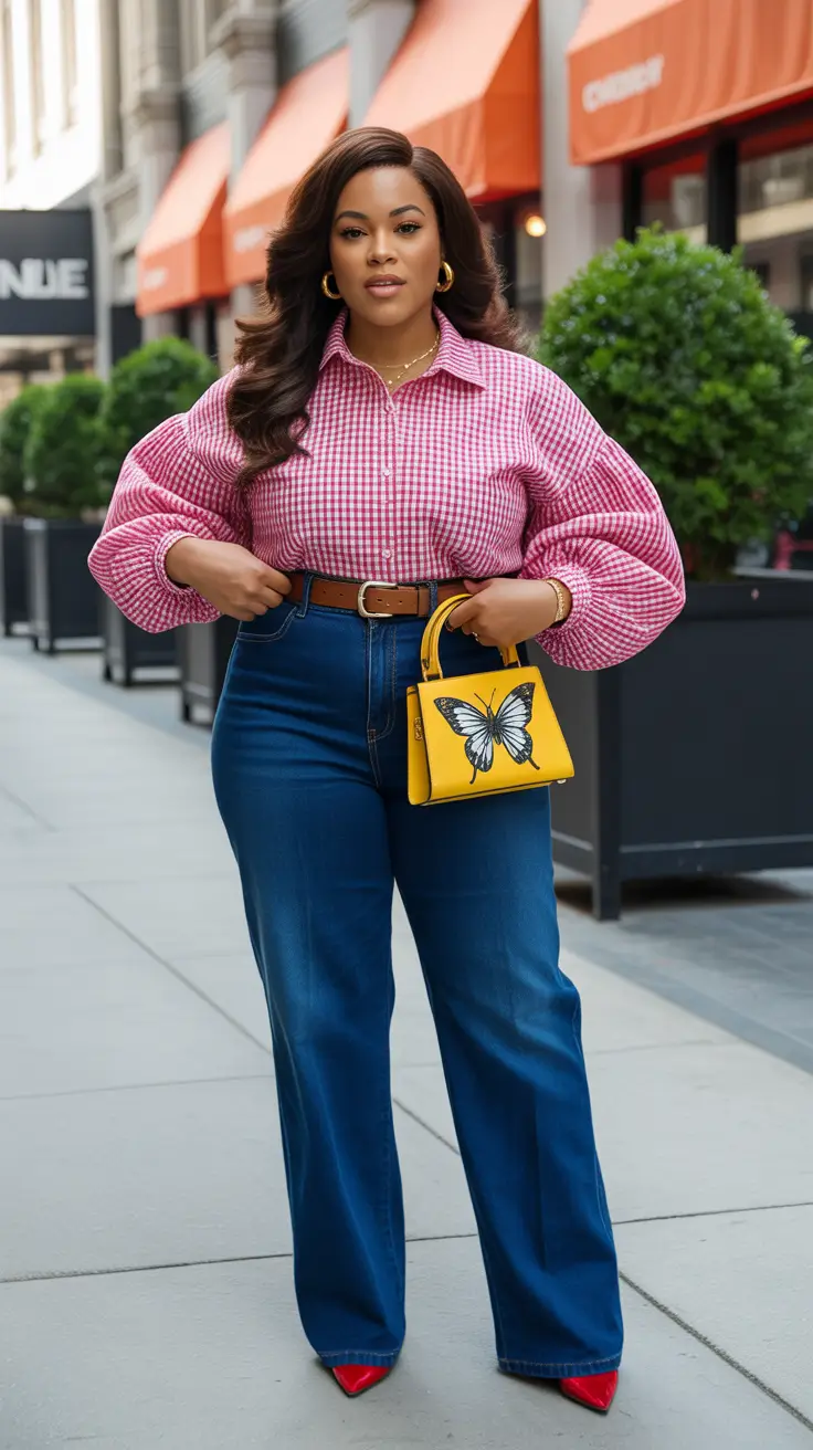 Top midsize spring outfits 2026 Gingham Energy With a Statement Twist