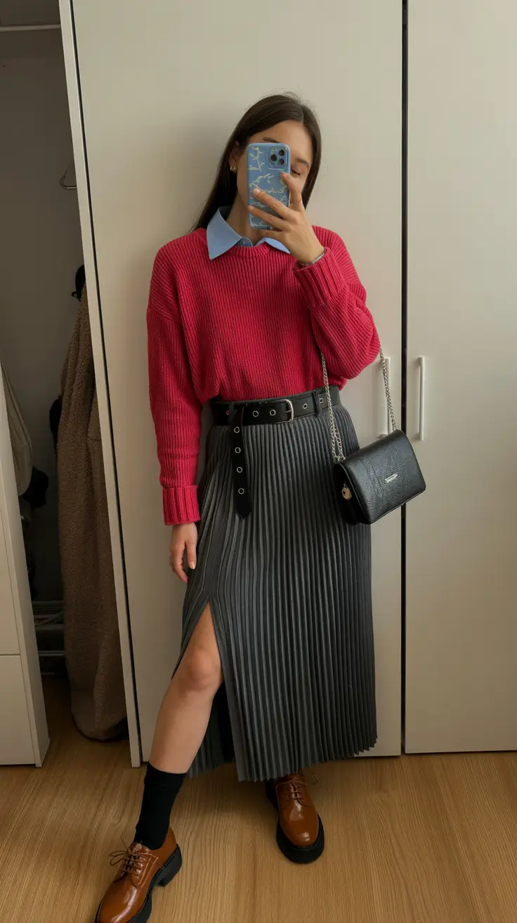 spring skirt outfits 2026 Pleats with a Pop of Color