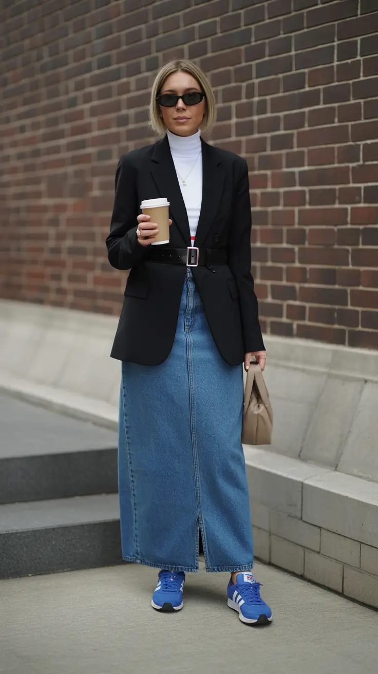spring skirt outfits 2026 Denim Maxi with Modern Workday Ease