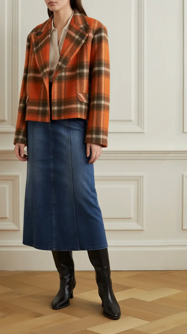 spring skirt outfits 2026 Denim and Plaid for Soft Structure