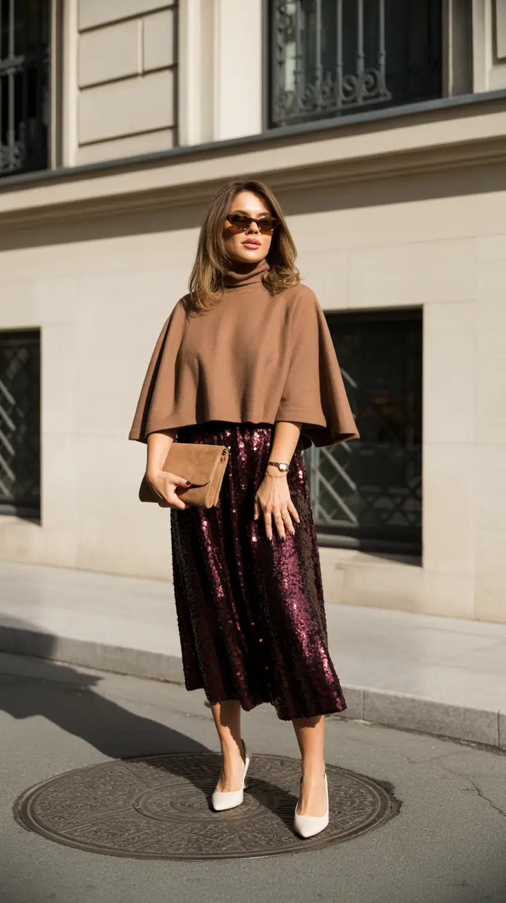 spring going out outfits skirt Unexpected Glam with a Cozy Cape Feel