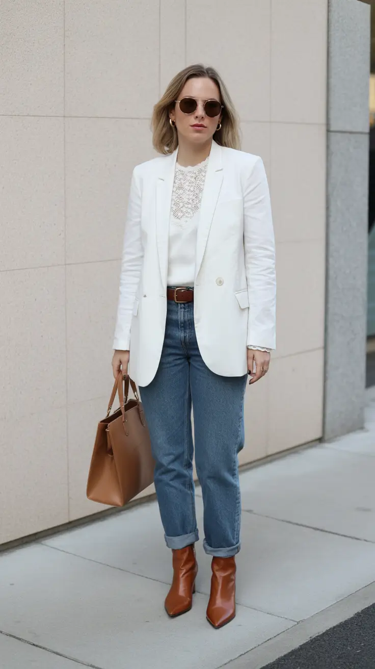 Trending spring office outfits 2026 Light Neutrals and Denim Balance