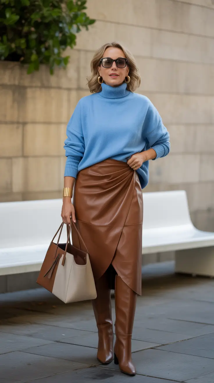 Trending spring outfits for women over 40 2026 Blue and Leather