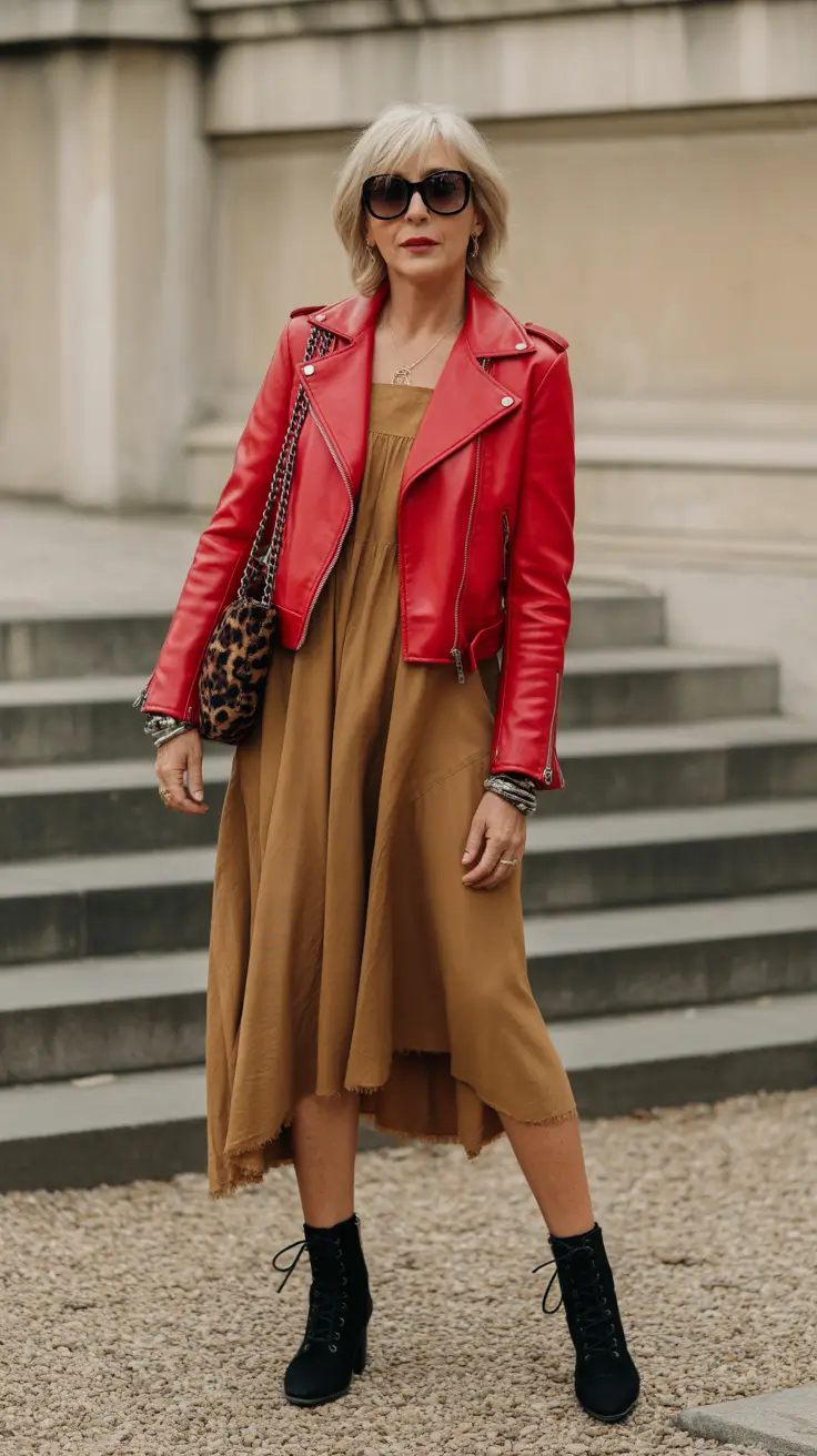 Trending spring outfits for women over 40 2026 Red Leather Contrast