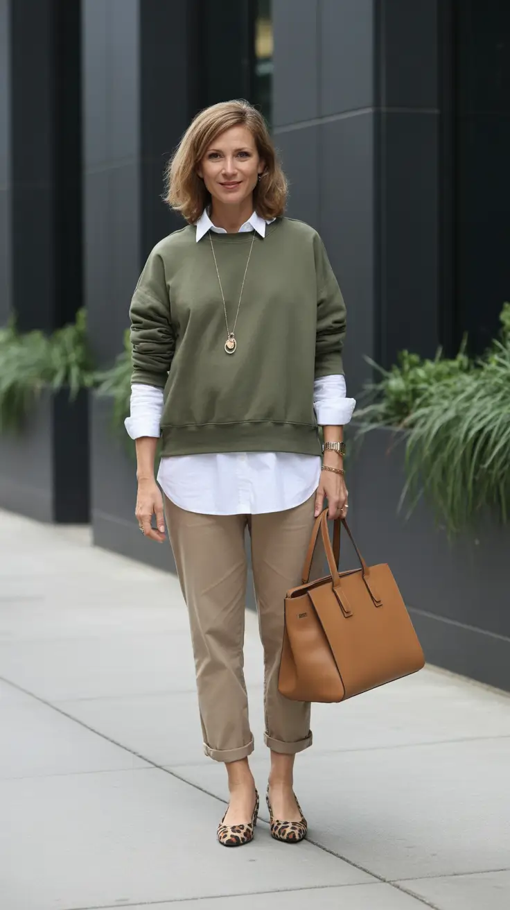 Trending spring outfits for women over 40 2026 Relaxed Green Layers