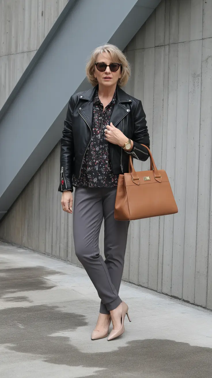 Trending spring outfits for women over 50 2026 Leather jacket outfit