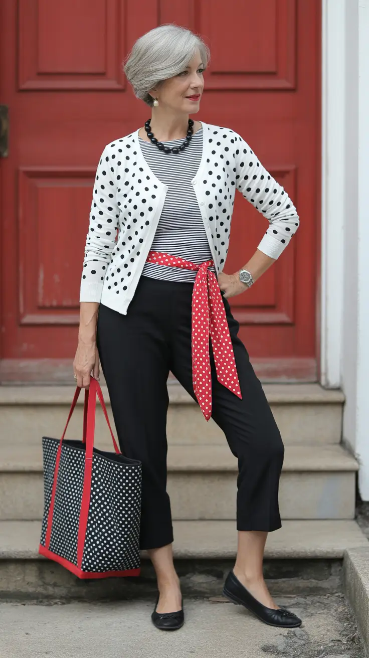Trending spring outfits for women over 50 2026 Polka dot outfit
