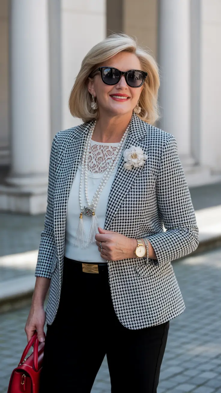 Trending spring outfits for women over 50 2026 Classic patterned outfit