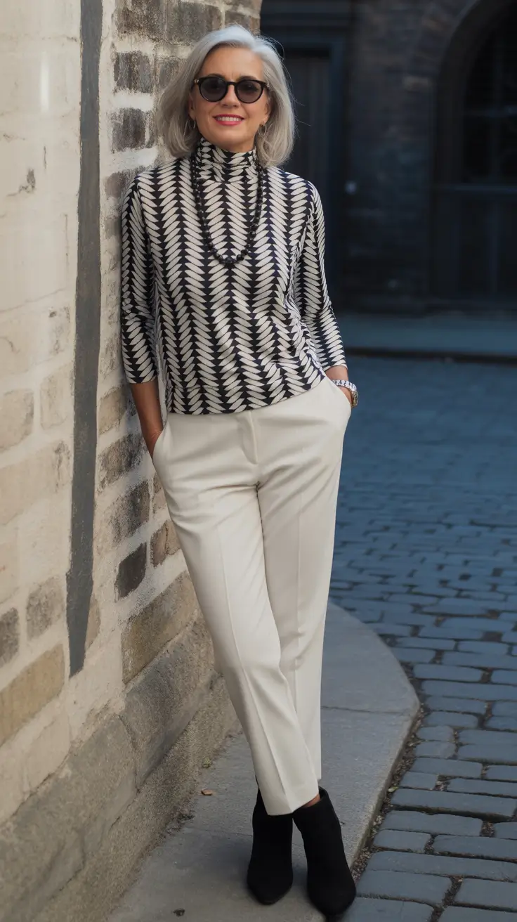 Trending spring outfits for women over 50 2026 Patterned top outfit